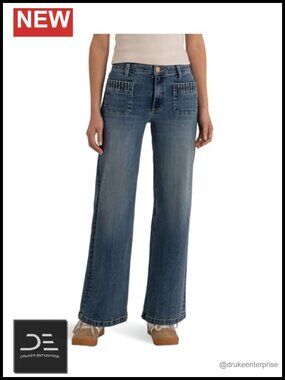High-Rise Wide Leg Patch Pocket Jeans - Relaxed Fit Cotton Spandex